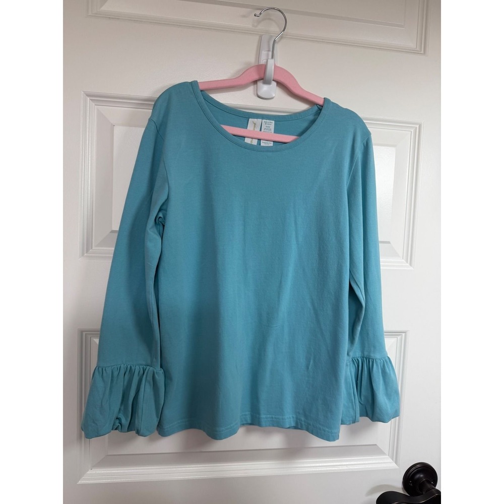 Matilda Jane Paint by Numbers Girls Teal Blue Ruffle Cuff Long Sleeve Top Sz 14